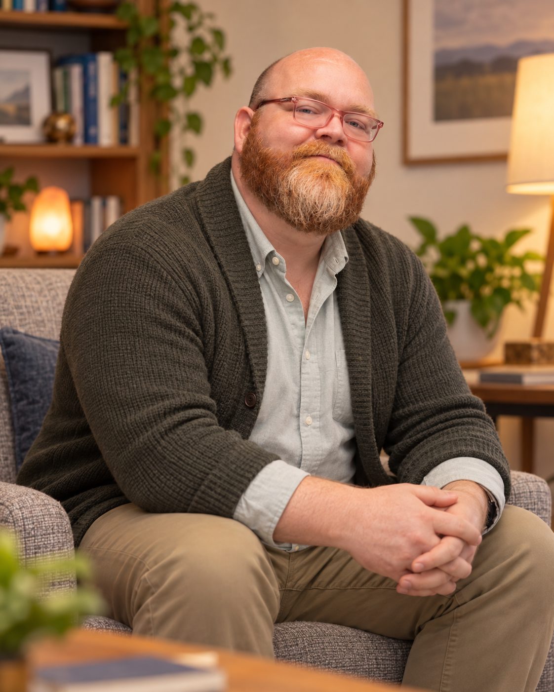 Brian Girton seated in a comfortable chair, with a lamp, plants, and bookshelf behind him