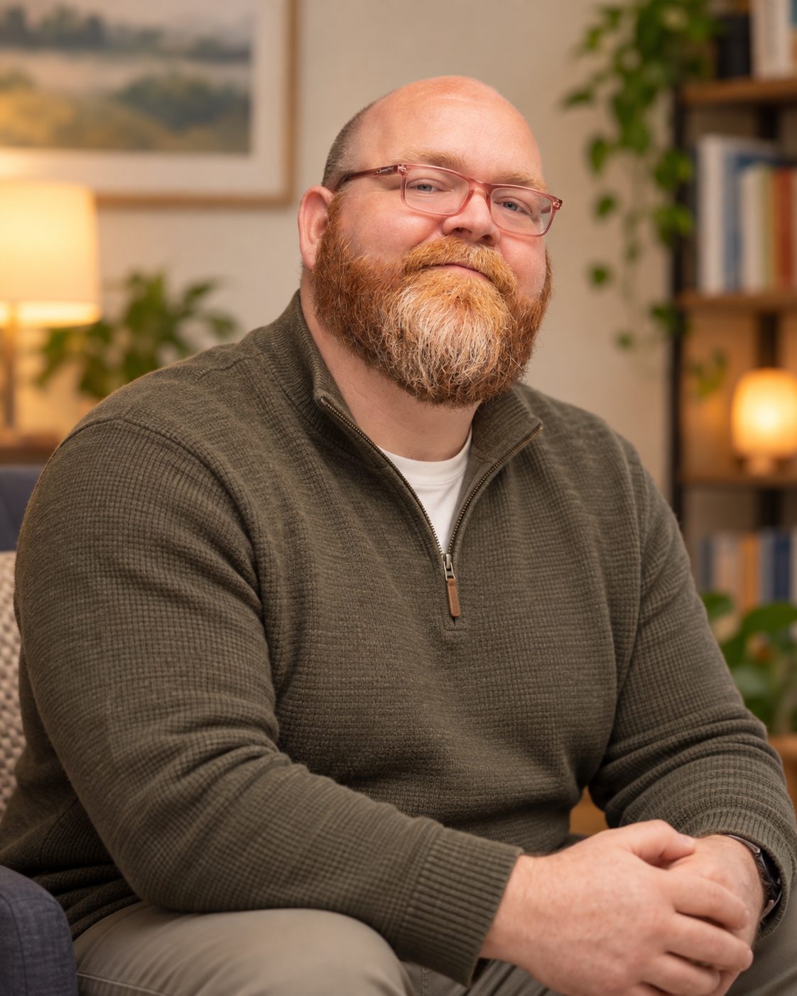 Brian Girton smiling, seated in warm lamp light with plants and books behind him